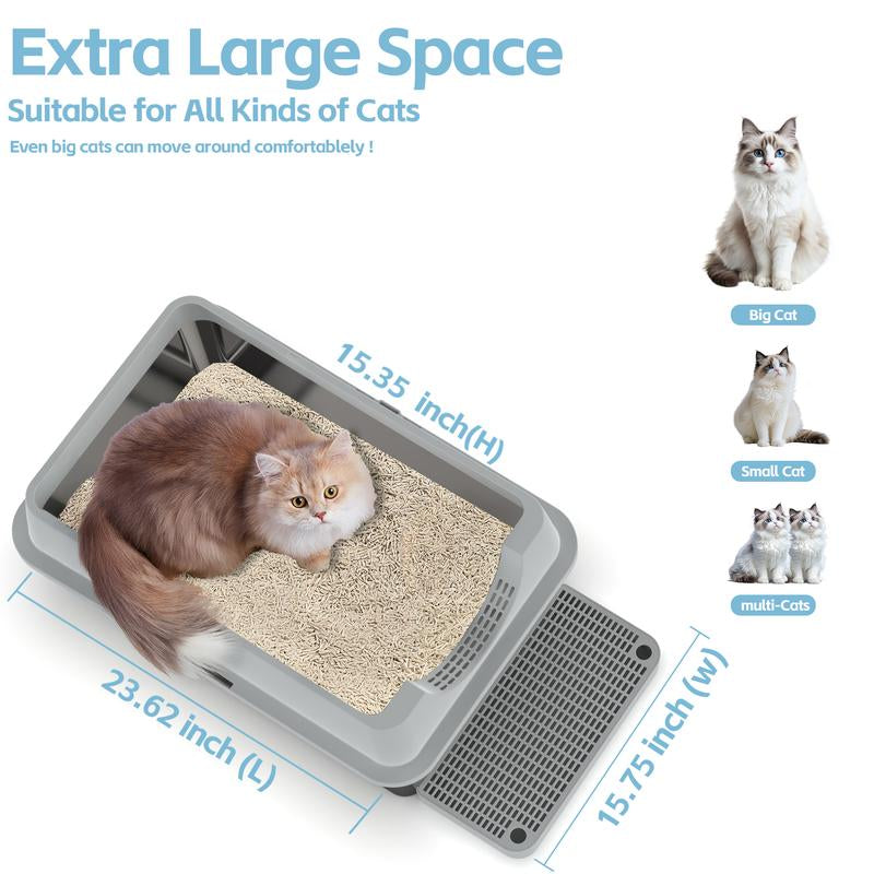 ZVRPET Large Cat Stainless Steel Litter Box with Lid Top Entry Metal Pan Tray with High Wall Sides Design Non-Sticky Anti-Leakage Easy Cleaning Include Step Mat and Scoop with Filter Odor Control Cat Stuff for Big Kitten