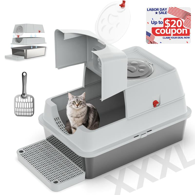 ZVRPET Large Cat Stainless Steel Litter Box with Lid Top Entry Metal Pan Tray with High Wall Sides Design Non-Sticky Anti-Leakage Easy Cleaning Include Step Mat and Scoop with Filter Odor Control Cat Stuff for Big Kitten