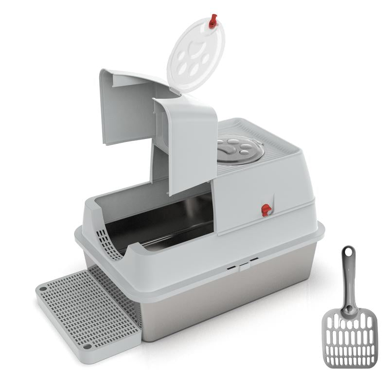 ZVRPET Large Cat Stainless Steel Litter Box with Lid Top Entry Metal Pan Tray with High Wall Sides Design Non-Sticky Anti-Leakage Easy Cleaning Include Step Mat and Scoop with Filter Odor Control Cat Stuff for Big Kitten