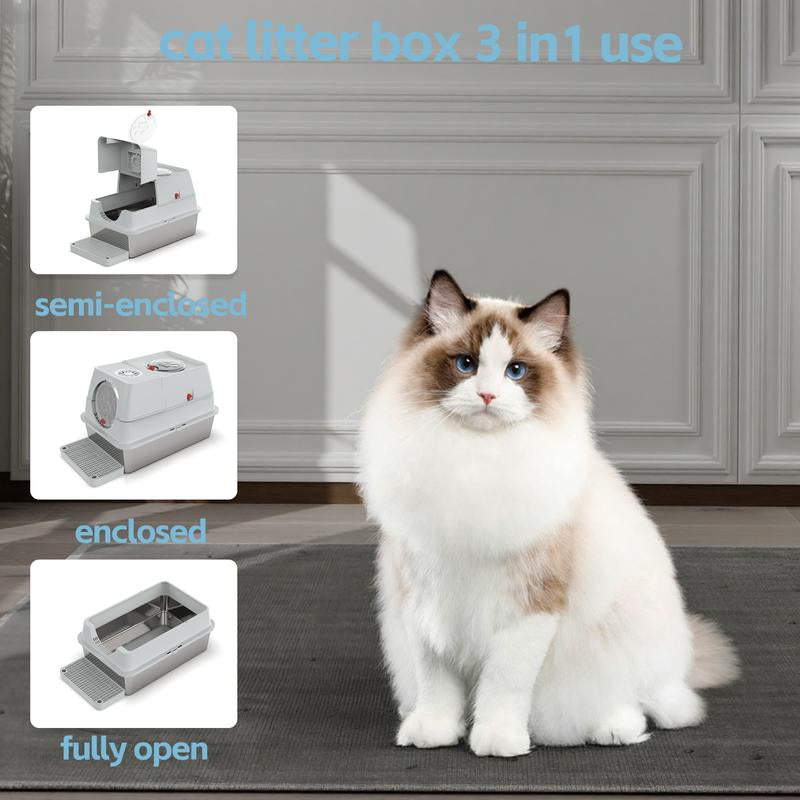 ZVRPET Large Cat Stainless Steel Litter Box with Lid Top Entry Metal Pan Tray with High Wall Sides Design Non-Sticky Anti-Leakage Easy Cleaning Include Step Mat and Scoop with Filter Odor Control Cat Stuff for Big Kitten