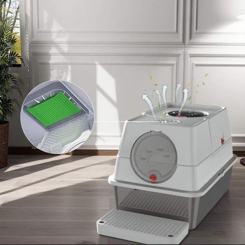 ZVRPET Large Cat Stainless Steel Litter Box with Lid Top Entry Metal Pan Tray with High Wall Sides Design Non-Sticky Anti-Leakage Easy Cleaning Include Step Mat and Scoop with Filter Odor Control Cat Stuff for Big Kitten