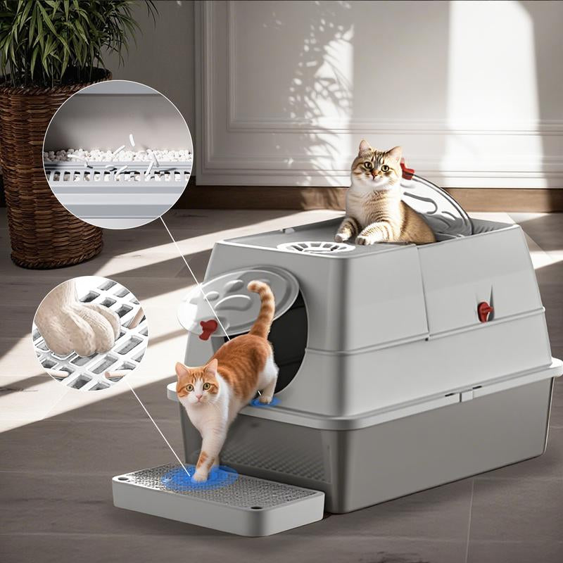 ZVRPET Large Cat Stainless Steel Litter Box with Lid Top Entry Metal Pan Tray with High Wall Sides Design Non-Sticky Anti-Leakage Easy Cleaning Include Step Mat and Scoop with Filter Odor Control Cat Stuff for Big Kitten