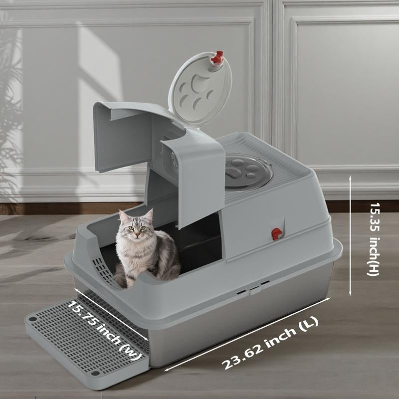 ZVRPET Large Cat Stainless Steel Litter Box with Lid Top Entry Metal Pan Tray with High Wall Sides Design Non-Sticky Anti-Leakage Easy Cleaning Include Step Mat and Scoop with Filter Odor Control Cat Stuff for Big Kitten