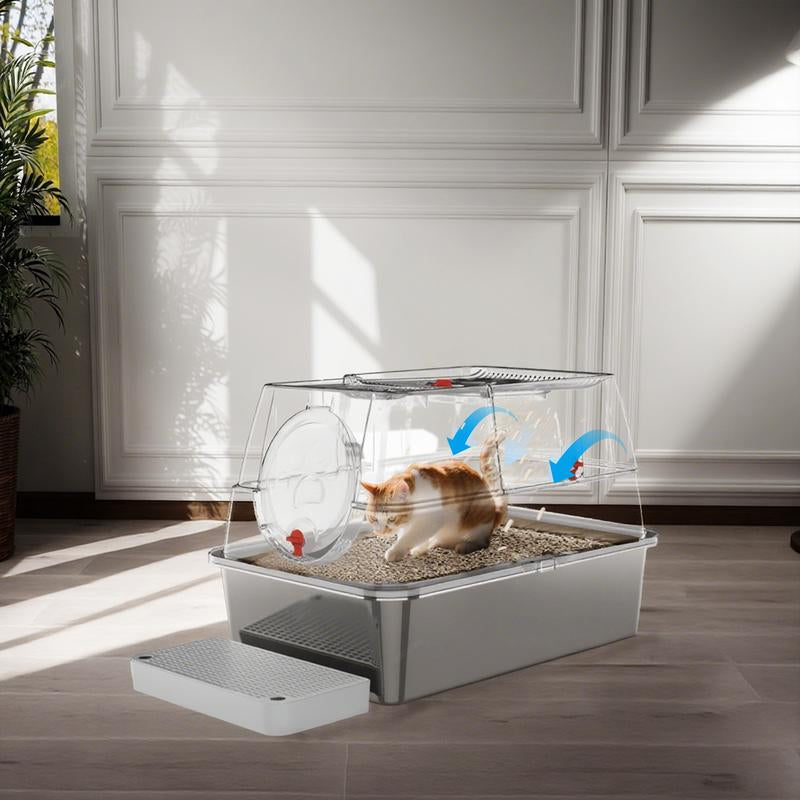 ZVRPET Large Cat Stainless Steel Litter Box with Lid Top Entry Metal Pan Tray with High Wall Sides Design Non-Sticky Anti-Leakage Easy Cleaning Include Step Mat and Scoop with Filter Odor Control Cat Stuff for Big Kitten