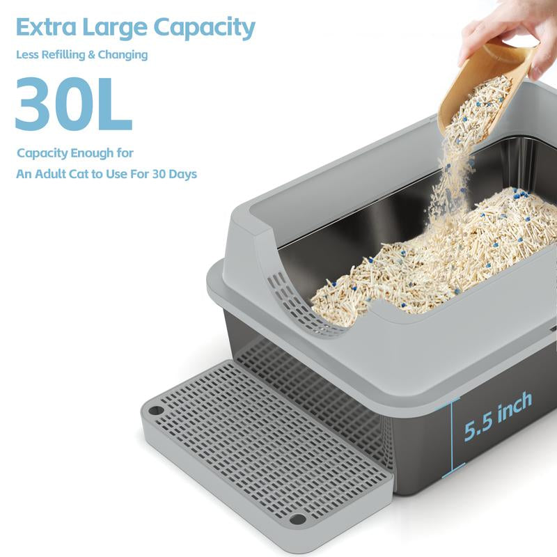 ZVRPET Large Cat Stainless Steel Litter Box with Lid Top Entry Metal Pan Tray with High Wall Sides Design Non-Sticky Anti-Leakage Easy Cleaning Include Step Mat and Scoop with Filter Odor Control Cat Stuff for Big Kitten